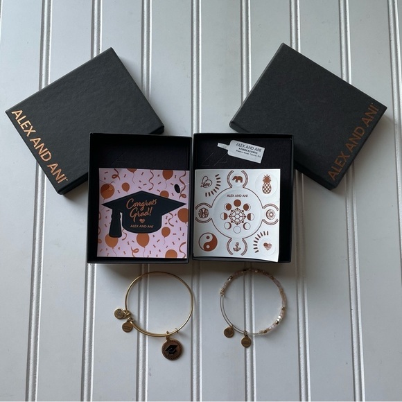 Alex and Ani Bracelet Bangles Set of 2 Graduate 2020 Pink Beads Energy Gold - Picture 1 of 10